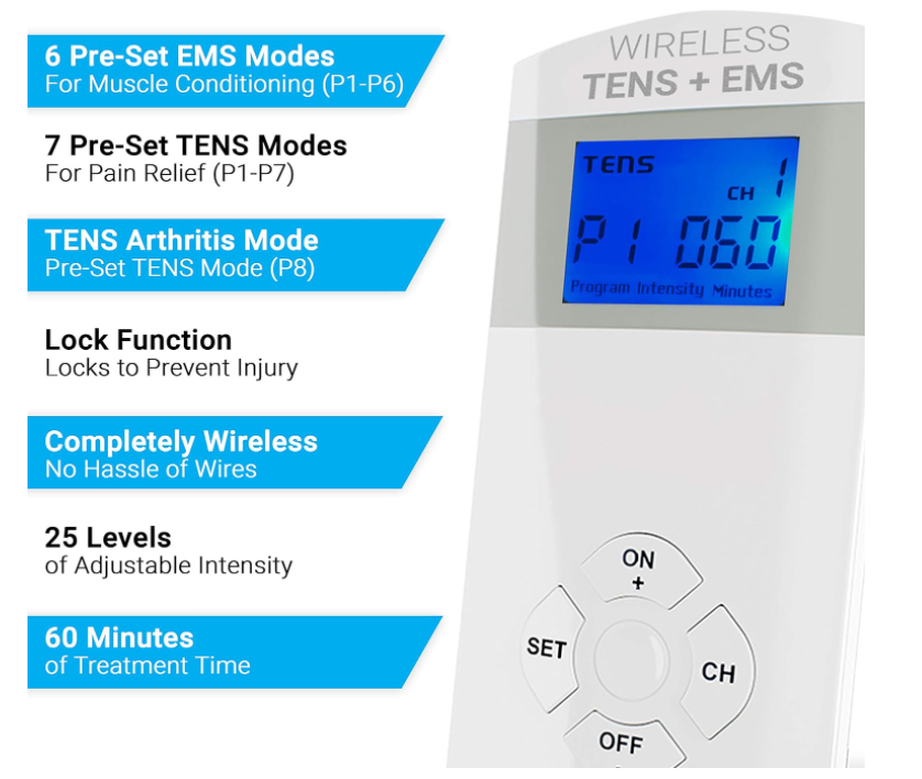 iReliev Premium Wireless TENS + EMS Therapeutic Wearable System with Case and 2 Receiver Pods for Pain Management, Arthritis, and Muscle Strength