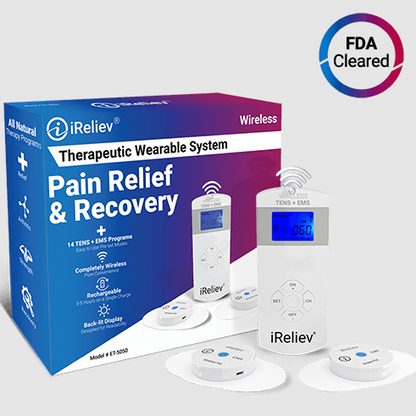 iReliev Premium Wireless TENS + EMS Therapeutic Wearable System with Case and 2 Receiver Pods for Pain Management, Arthritis, and Muscle Strength
