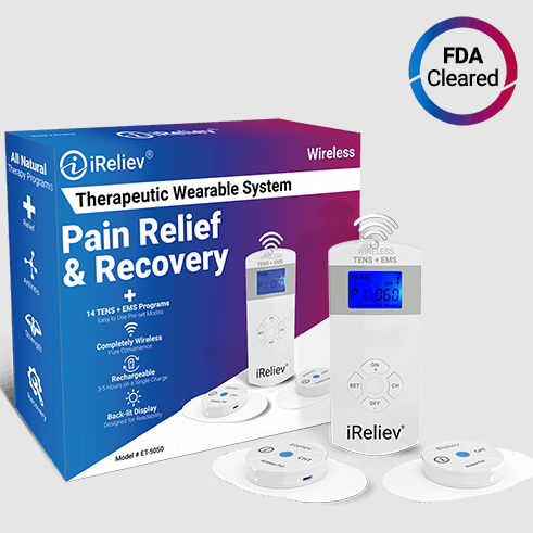 iReliev Premium Wireless TENS + EMS Therapeutic Wearable System with Case and 2 Receiver Pods for Pain Management, Arthritis, and Muscle Strength